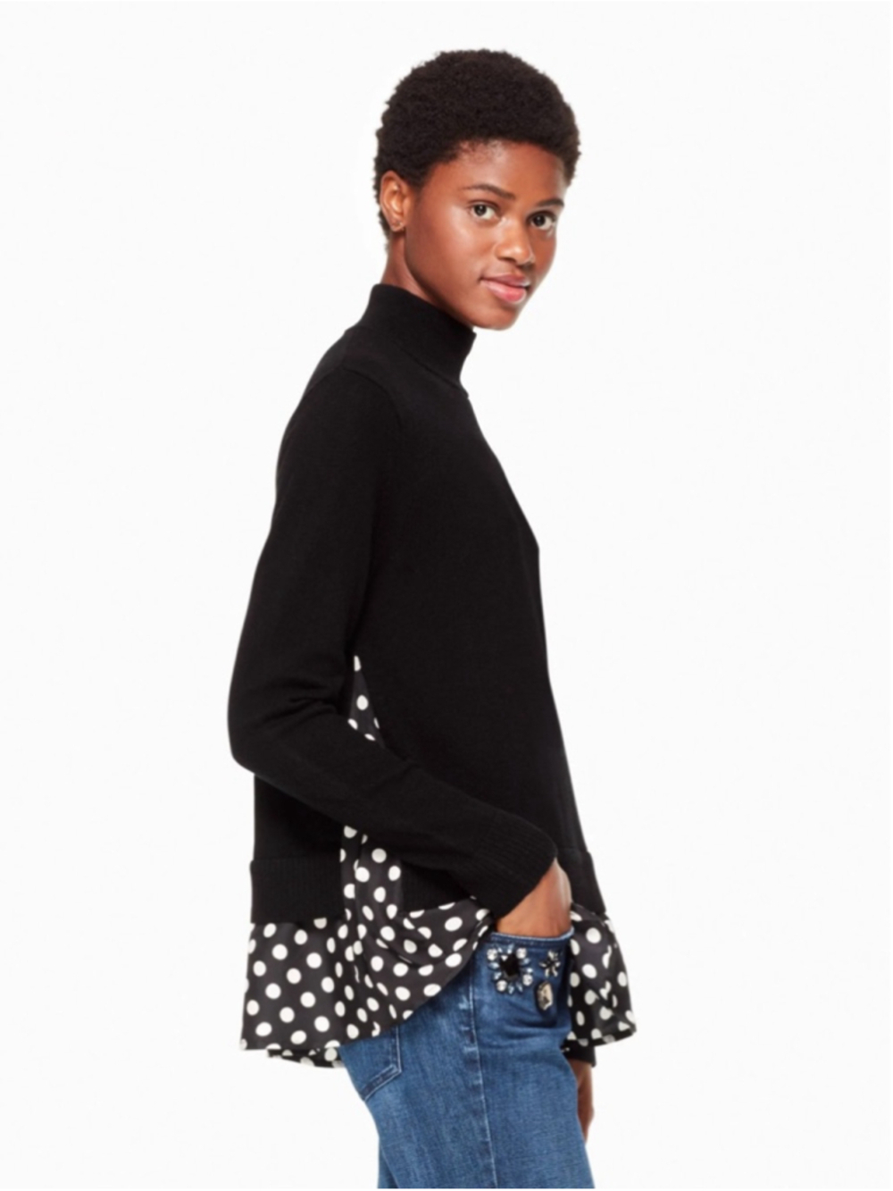 Kate Spade Imagination Sweater Mock Neck Button Shoulder Polka Dot Wool Silk L - Picture 3 of 12